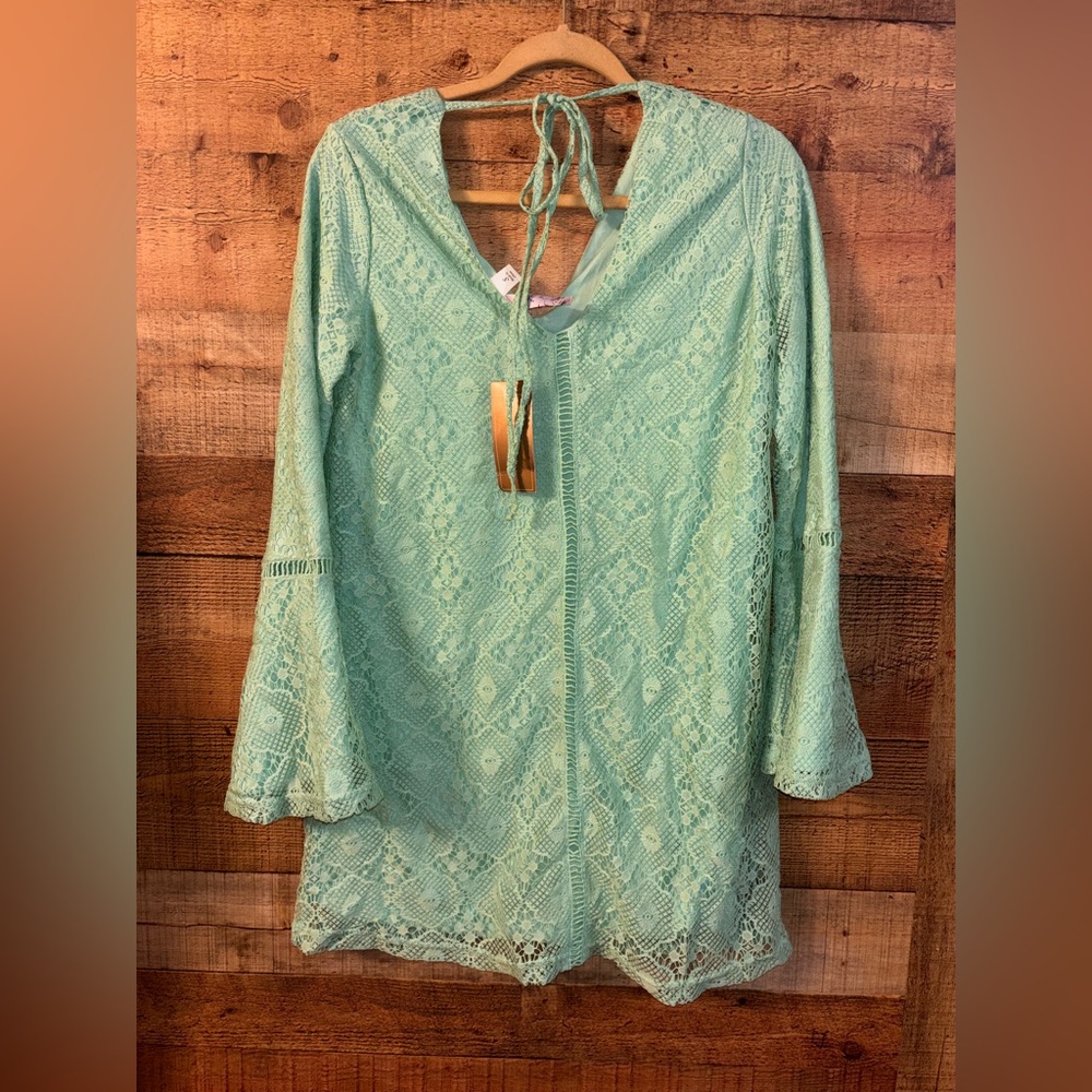 Francesca's Susy Crochet Lace Mini Bell Sleeve Boho Dress - Picture 6 of 6